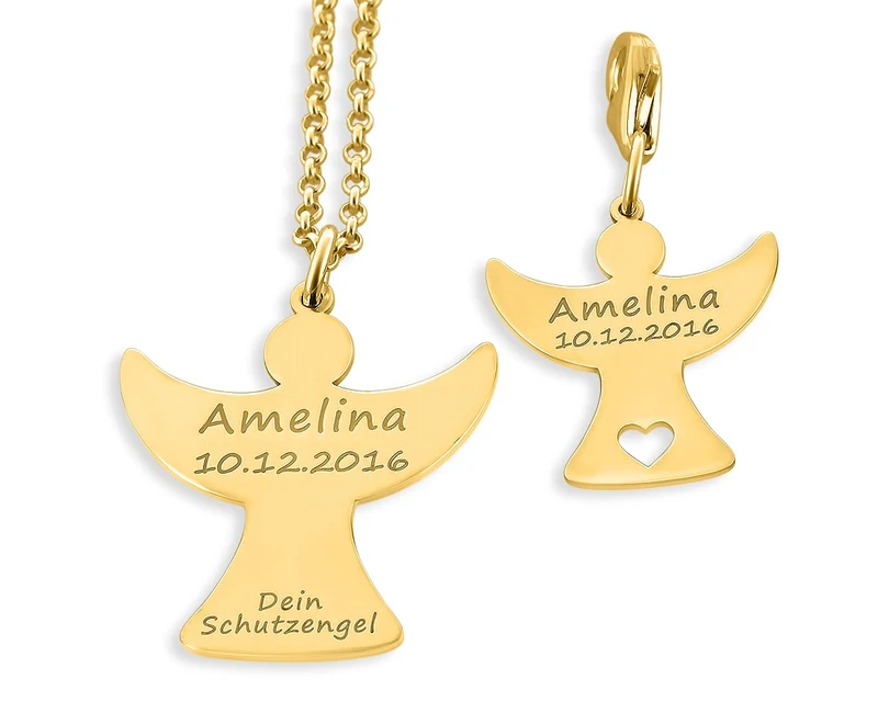 SCHMUCK SET 925 SILBER GOLD ENGEL GRAVUR CHARM & HALSKETTE SCHUTZENGEL