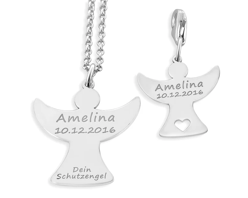 HALSKETTE & CHARM ANHÄNGER AUS 925 SILBER MIT ENGEL SET MIT GRAVUR