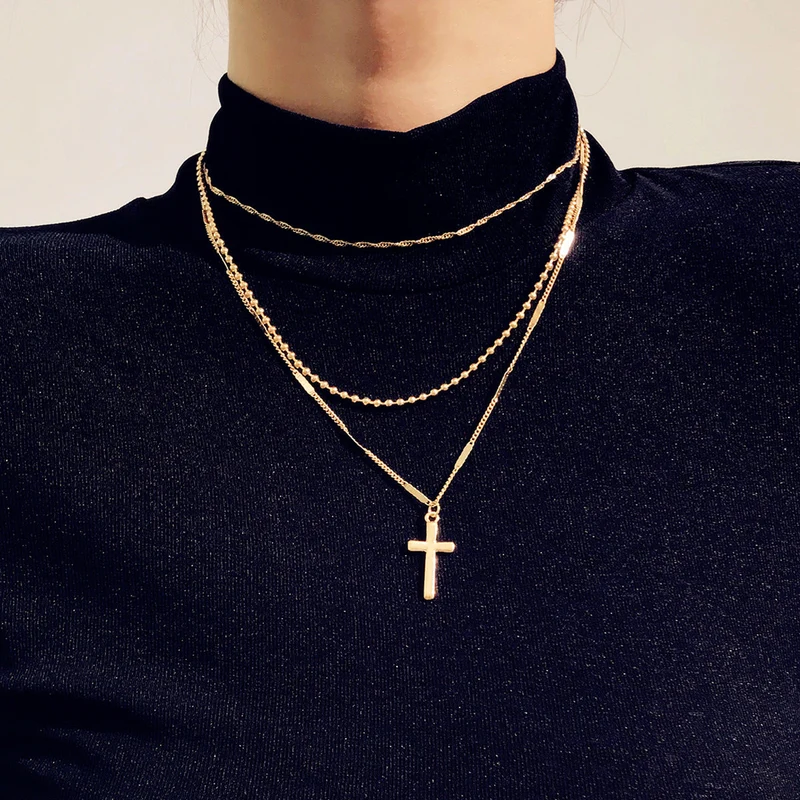 Mehrschichtige Vintage-Kreuz-Halskette