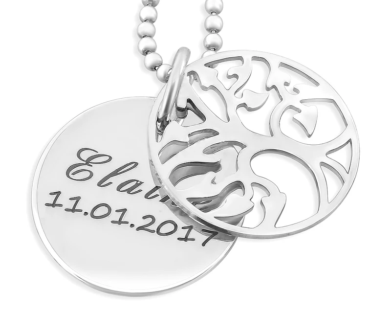 LEBENSBAUM KETTE, SILBERSCHMUCK, GRAVUR, GEBURT, NAMENSSCHMUCK