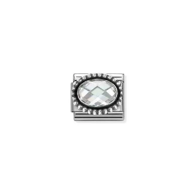Classic Oxidised Silver and CZ Facetted Rich White Beaded Oval Sparkly & Stones Charms
