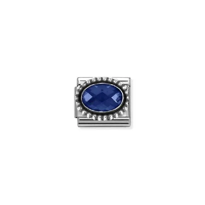 Classic Oxidised Silver and CZ Facetted Rich Blue Beaded Oval Sparkly & Stones Charms