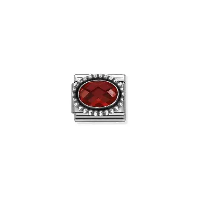 Classic Oxidised Silver and CZ Facetted Rich Red Beaded Oval Sparkly & Stones Charms