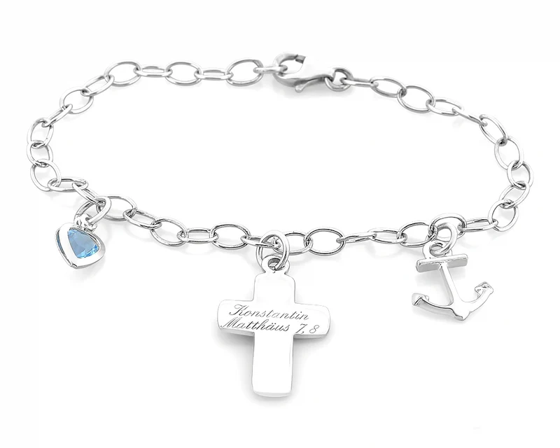 SILBERARMBAND KREUZ HERZ ANKER ARMBAND 925 SILBER GRAVUR KOMMUNION SILBERSCHMUCK