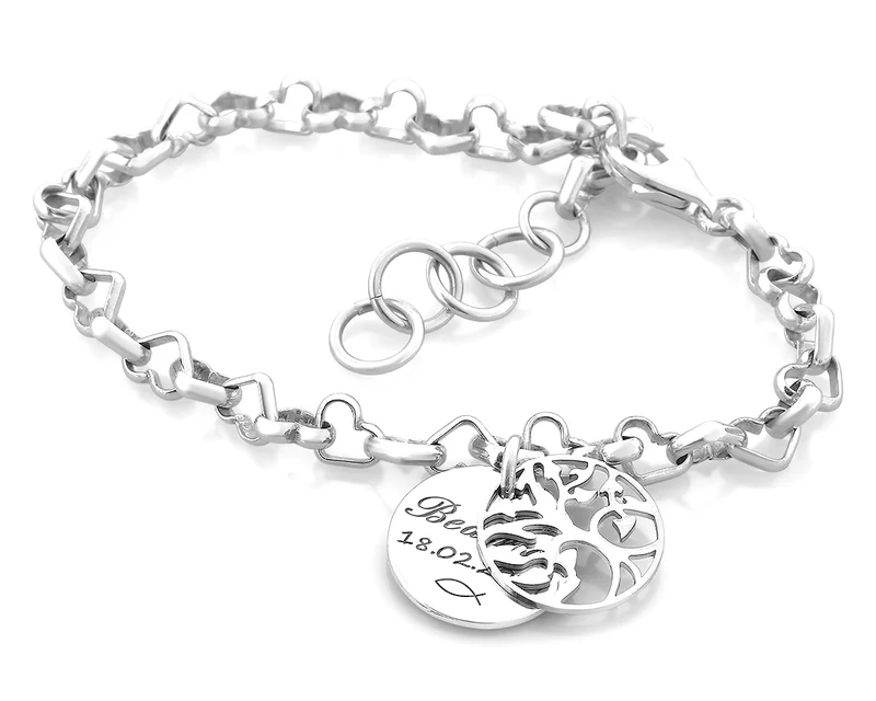 LEBENSBAUM SCHMUCK MIT GRAVUR, SILBERARMBAND MIT HERZEN