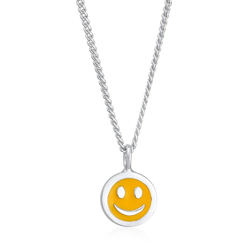 Halskette mit Smiling Face Anhänger | Emaille (Orange)