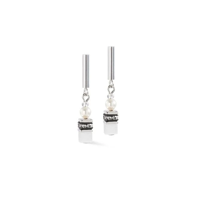 GeoCUBE Mini Fusion Pearls Earrings in Silver & White