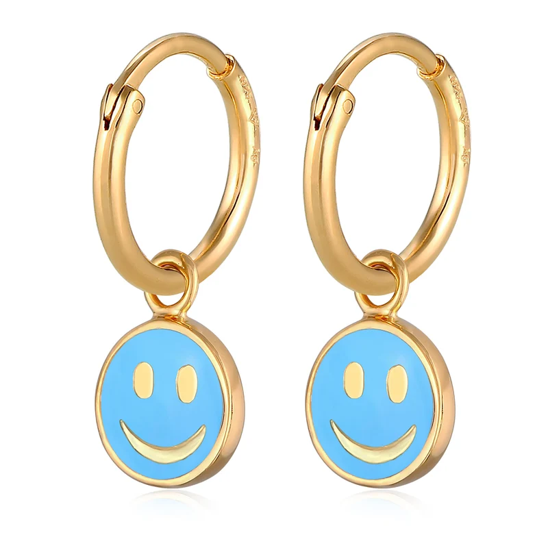 Creolen mit Smiling Face Anhänger | Emaille (Blau)