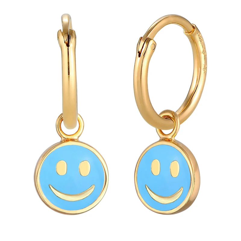 Creolen mit Smiling Face Anhänger | Emaille (Blau)