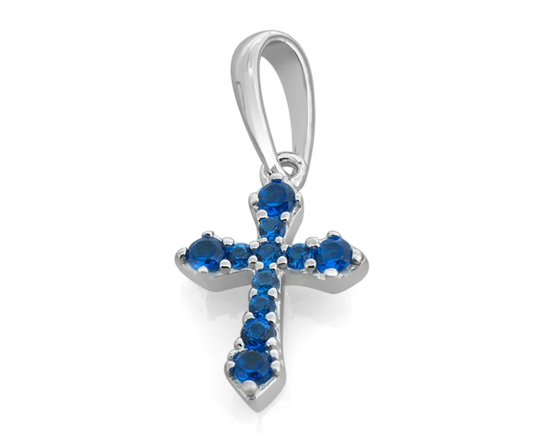 KREUZ ANHÄNGER, ZIRKONIA BLAU, ANHÄNGER KETTE, 925 SILBER, TAUFGESCHENK