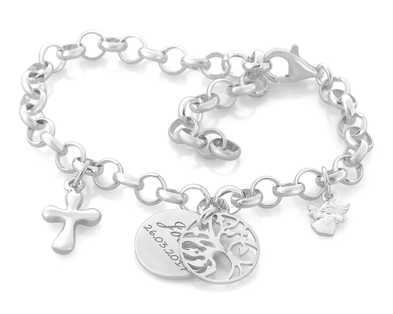 SILBER TAUFARMBAND MIT LEBENSBAUM UND KREUZ, PERSONALISIERT, GRAVUR