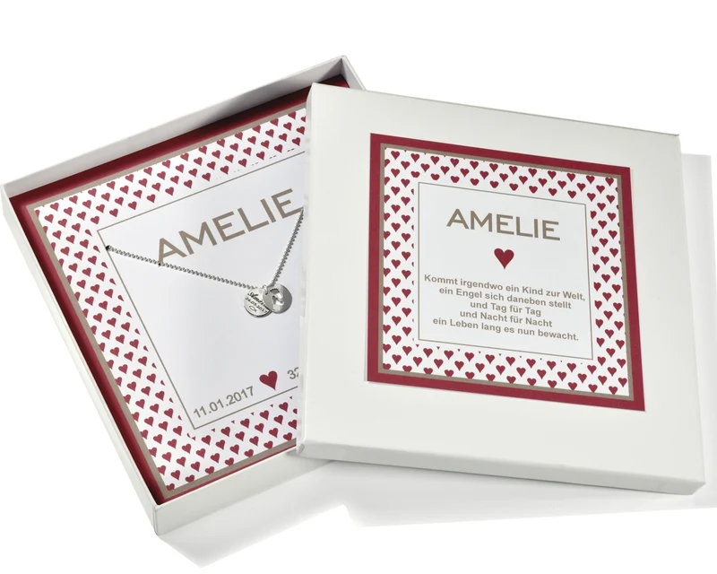 GEBURTSGESCHENK KETTE MIT FÜSSEN, NAME, MIT GRAVUR, SCHACHTEL