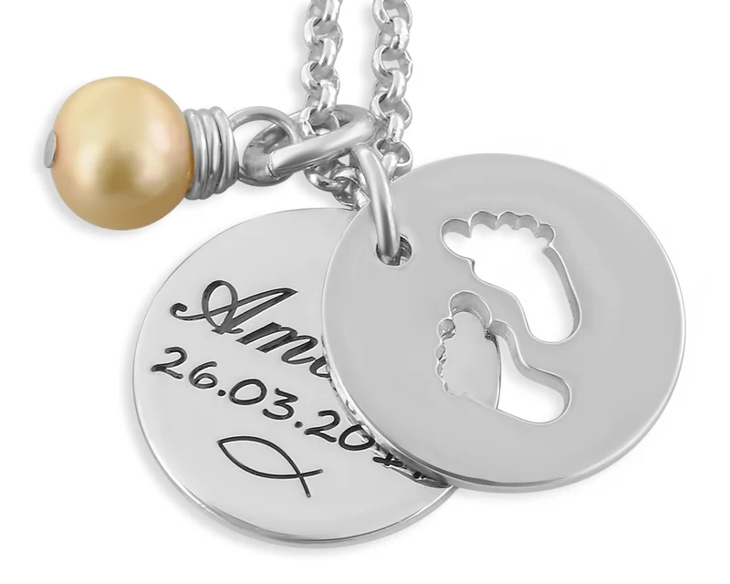 GEBURTSGESCHENK KETTE MIT FÜSSEN, NAME, MIT GRAVUR, SCHACHTEL