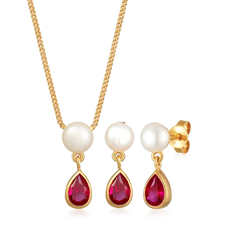Schmuckset Tropfen | Süßwasserperle, Rubin (rot)