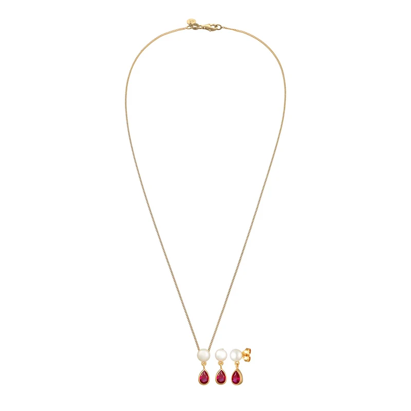 Schmuckset Tropfen | Süßwasserperle, Rubin (rot)