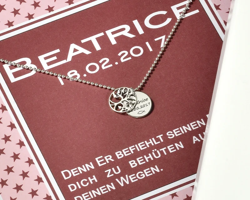 LEBENSBAUM KETTE ZUR TAUFE MIT GRAVUR UND GESCHENKSCHACHTEL