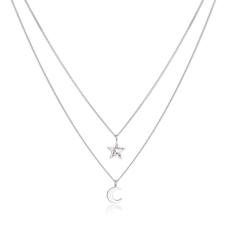 Layer-Halskette Stern Halbmond | Mit Kristallen von Swarovski® (Weiß)
