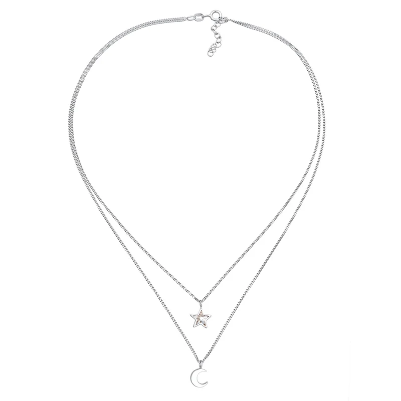 Layer-Halskette Stern Halbmond | Mit Kristallen von Swarovski® (Weiß)