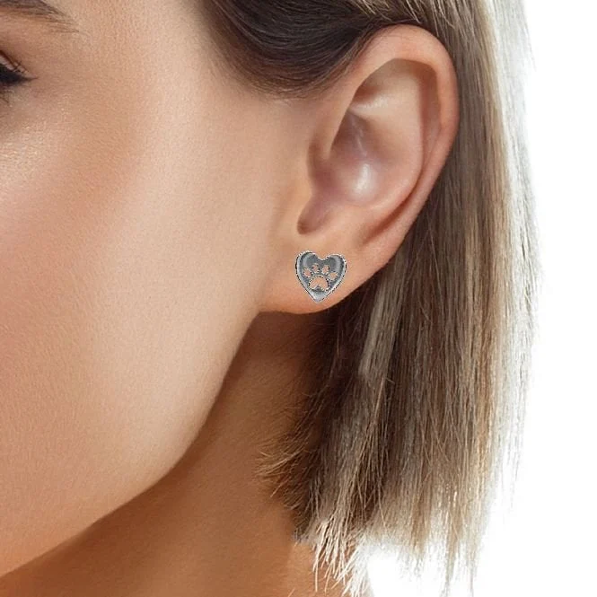 Silver Paw Print Heart Stud Earrings