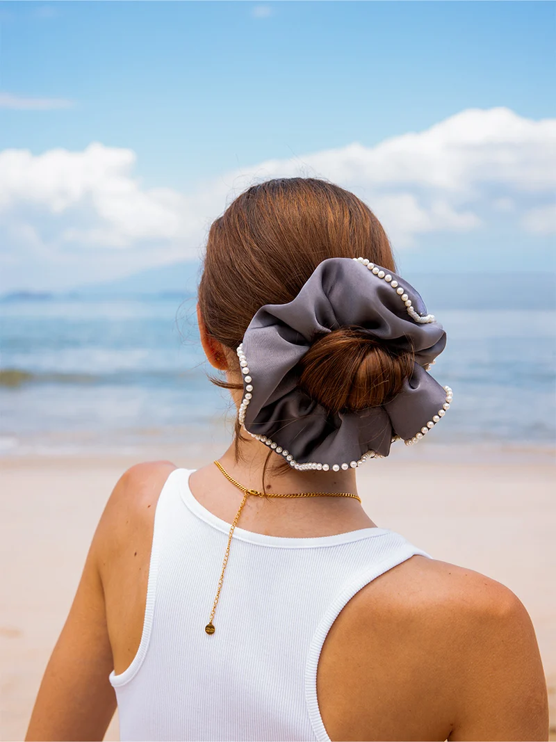 Beaded Edge Scrunchie Dark Grey