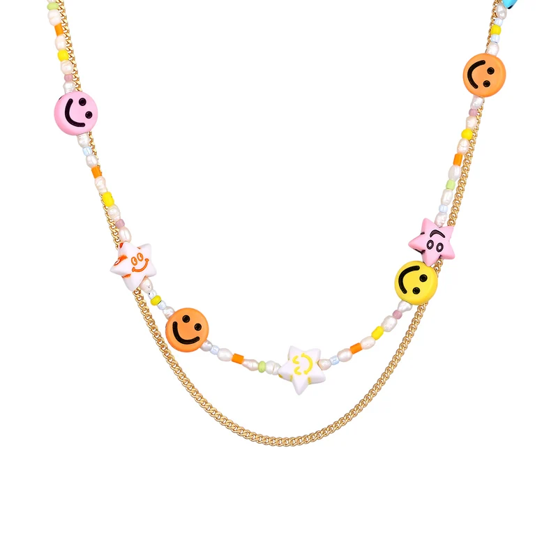 Layer-Halskette mit Smiling Face Beads | Süßwasserperlen