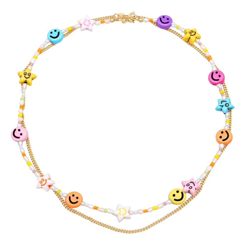 Layer-Halskette mit Smiling Face Beads | Süßwasserperlen