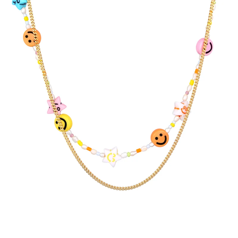 Layer-Halskette mit Smiling Face Beads | Süßwasserperlen