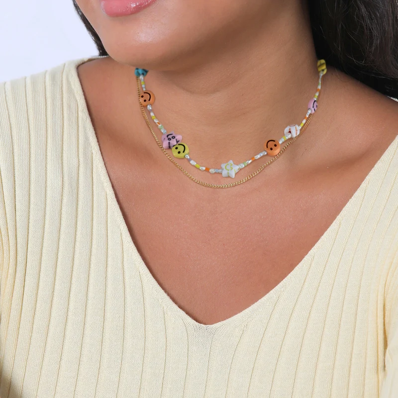 Layer-Halskette mit Smiling Face Beads | Süßwasserperlen