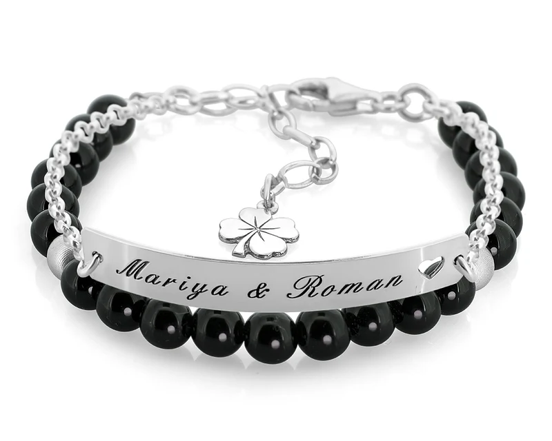 PERLENARMBAND MIT SILBERARMBAND MIT GRAVUR, SCHWARZ, NATURSTEIN