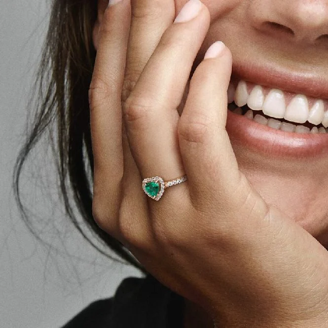 Rose Sparkling Elevated Green Heart Ring, Size 54