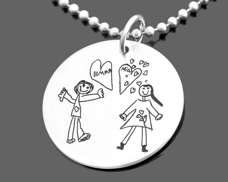 SCHMUCK MIT EIGENER ZEICHNUNG, KETTE EIGENE HANDSCHRIFT, KINDERBILD GRAVUR
