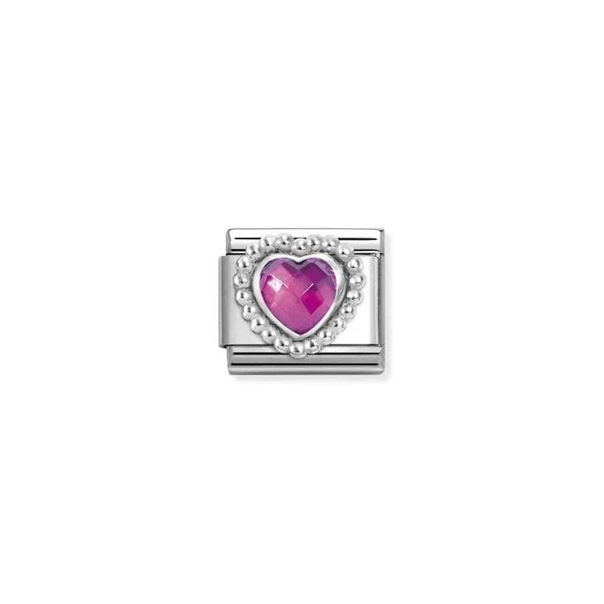 Classic Silver and CZ Fuchsia Pink Facetted Dotted Heart Sparkly & Stones Charms