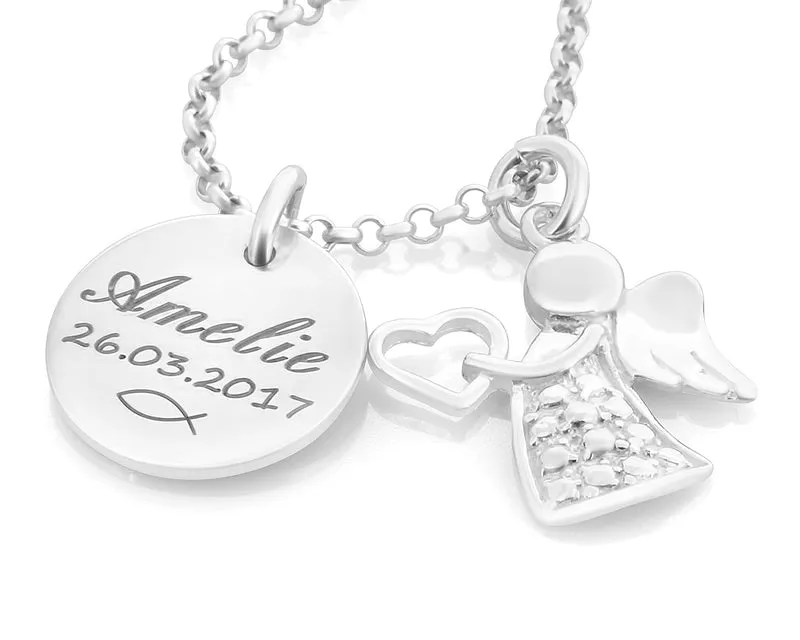 ENGEL KETTE SILBER, SCHUTZENGEL MIT NAMEN, TAUFSCHMUCK GRAVUR