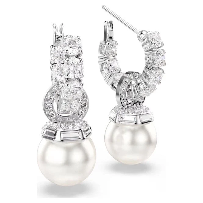 Matrix Drop Earrings with Round-Cut White Crystal & Pearl in Rhodium Silver
