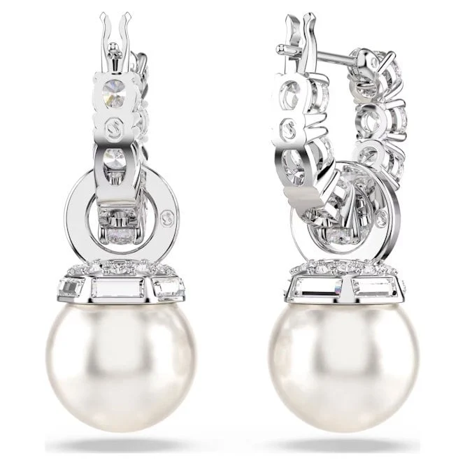 Matrix Drop Earrings with Round-Cut White Crystal & Pearl in Rhodium Silver