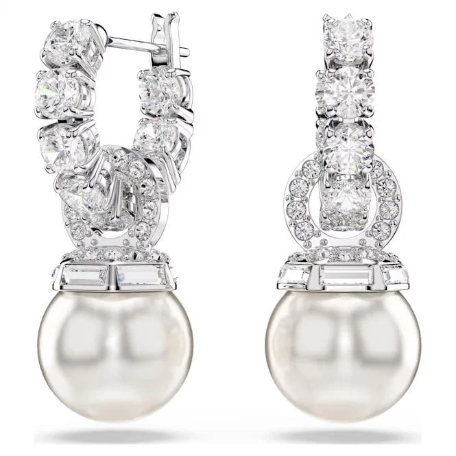 Matrix Drop Earrings with Round-Cut White Crystal & Pearl in Rhodium Silver