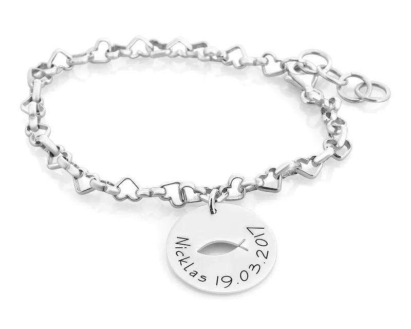 ARMBAND 925 SILBER GRAVUR HERZGLIEDER SILBERARMBAND TAUFE KOMMUNION