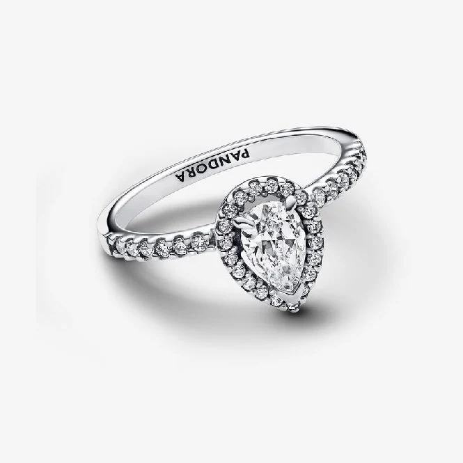 Sparkling Large Pear Halo Ring, Size 54