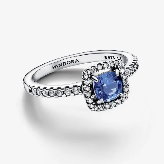 Sparkling Square Blue Halo Ring, Size 48