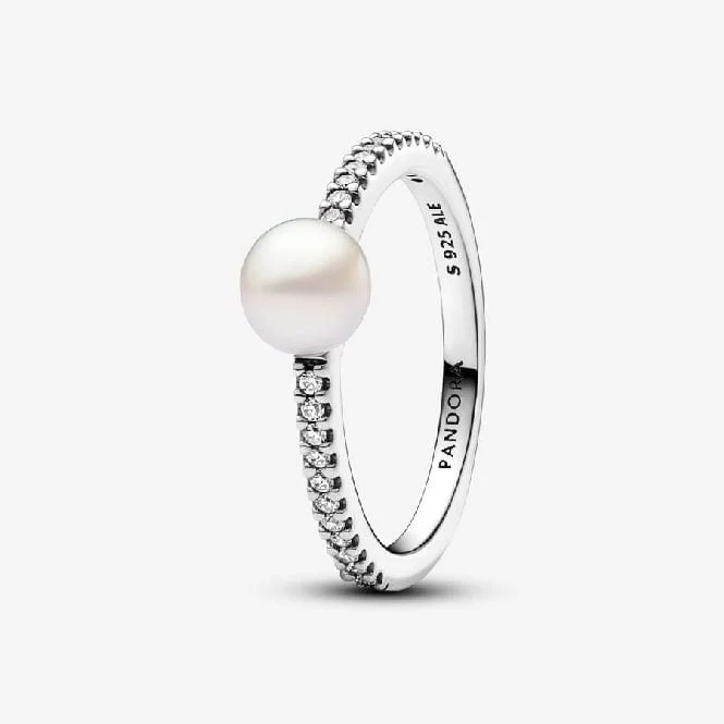 Treated Freshwater Cultured Pearl & Pave Ring, Size 58