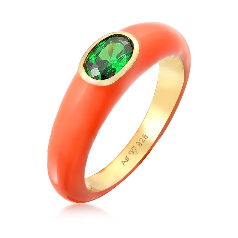 Solitär-Ring Oval | Emaille, Zirkonia (Grün)