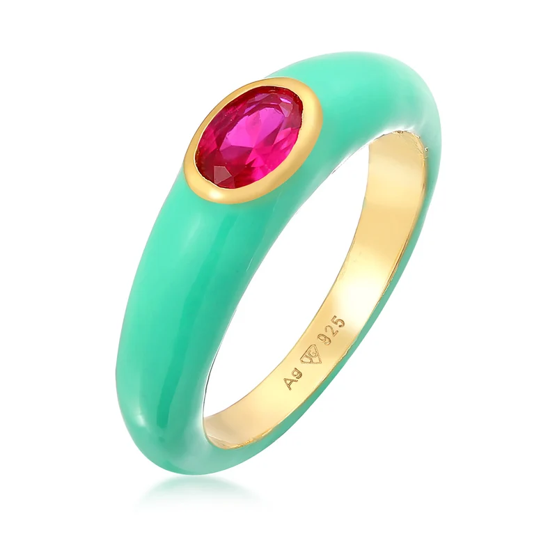 Solitär-Ring Oval | Emaille, Zirkonia (Grün)