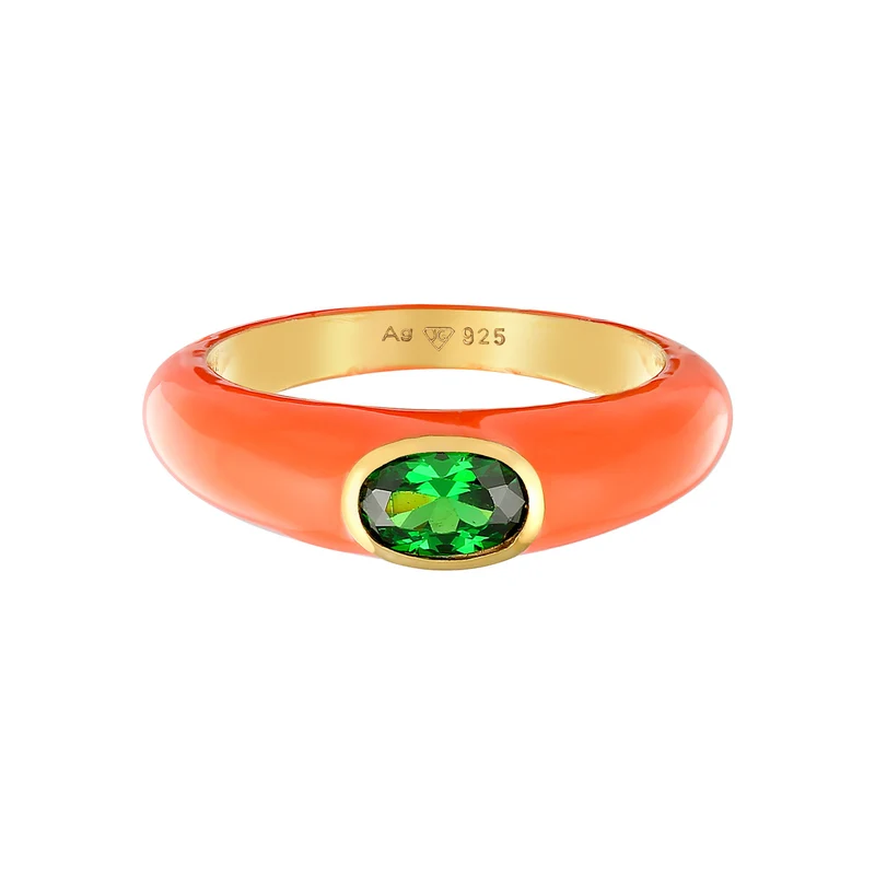 Solitär-Ring Oval | Emaille, Zirkonia (Grün)