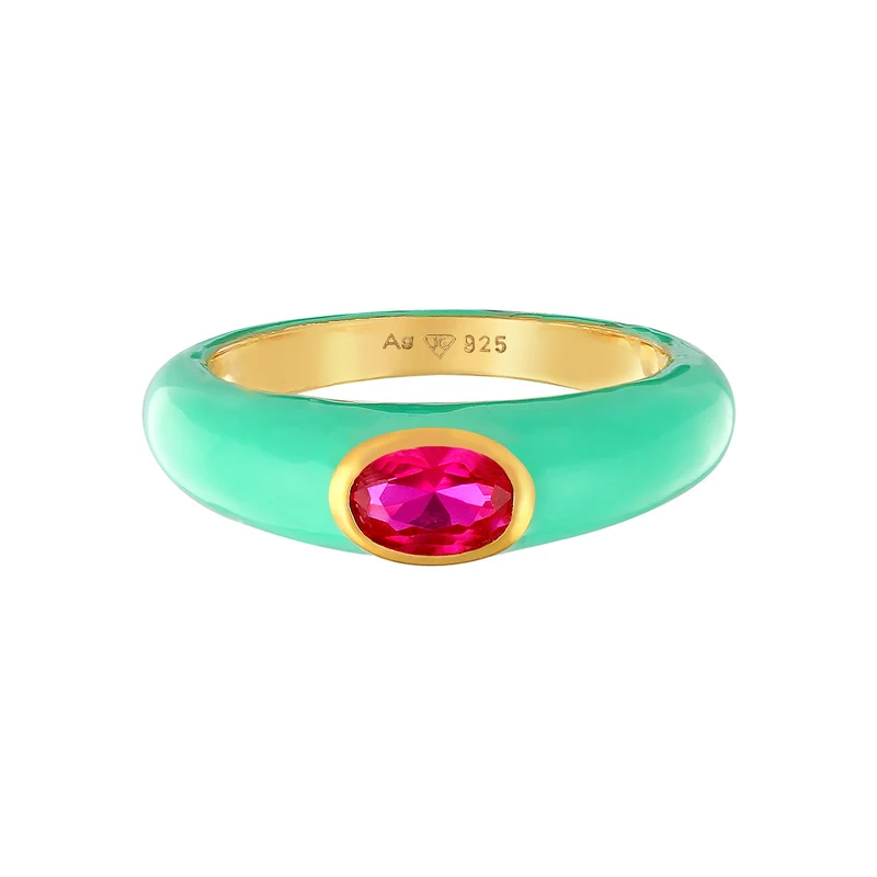 Solitär-Ring Oval | Emaille, Zirkonia (Grün)