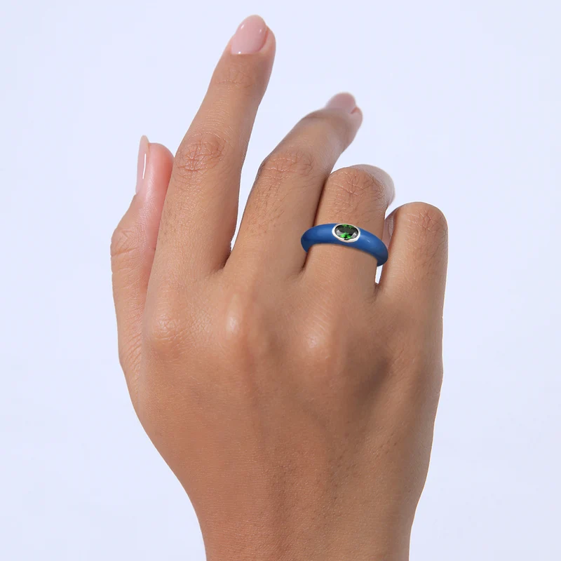 Solitär-Ring Oval | Emaille, Zirkonia (Grün)
