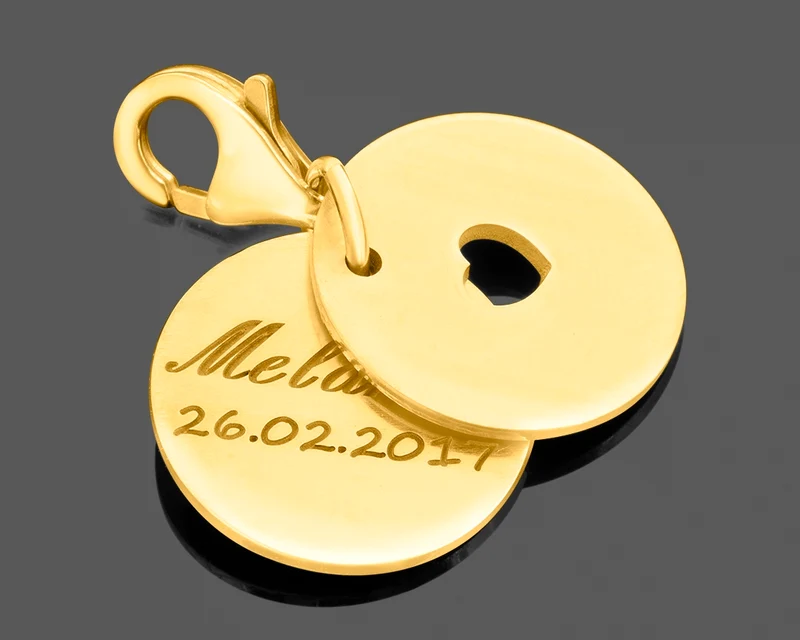 CHARM MIT GRAVUR, GESCHENK ZUR GEBURT, GOLD ANHÄNGER MIT NAME