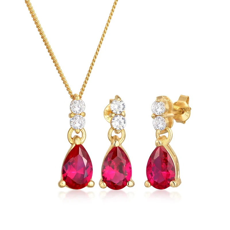 Schmuckset Tropfen | Zirkonia, Synth. Rubin (Rot)