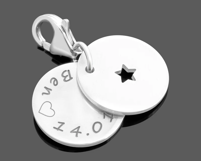 SILBERANHÄNGER ZUR GEBURT, CHARM STERN, SILBERCHARM GRAVUR, SCHMUCK GEBURTSDATUM