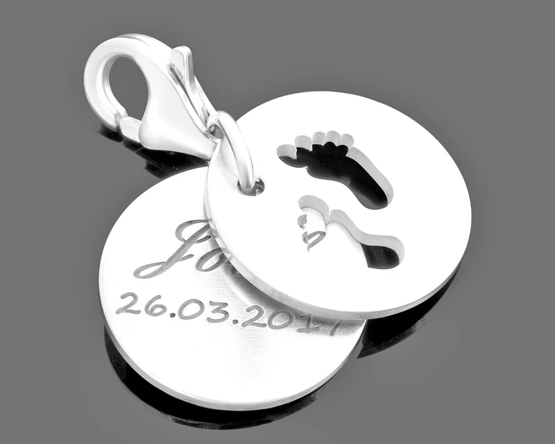 ANHÄNGER GEBURT, BABYFÜßE CHARM, SILBERSCHMUCK MIT NAMEN