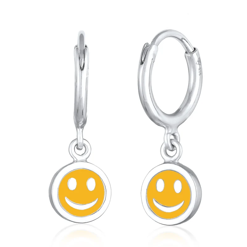 Creolen mit Smiling Face Anhänger | Emaille (Orange)